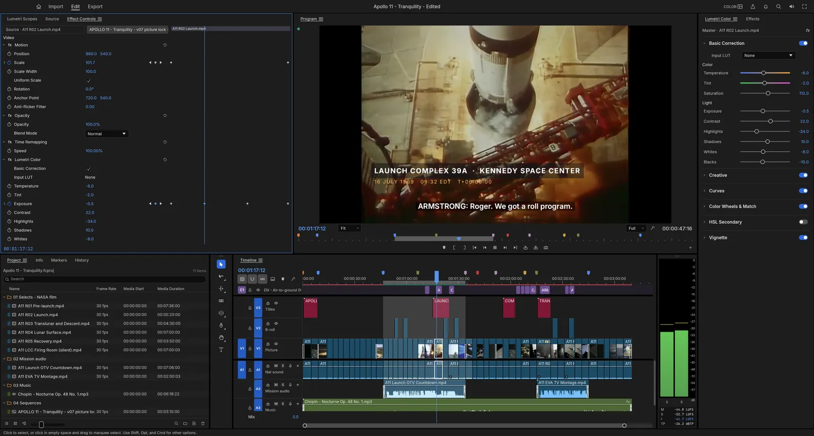 Color workspace on an Apollo 11 documentary cut