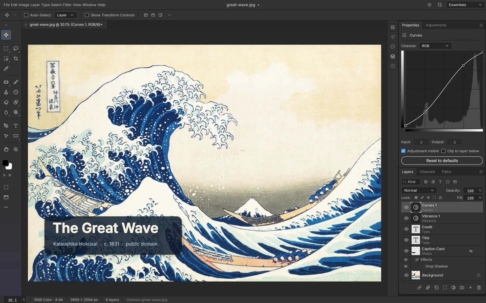 Curves, Vibrance and live type on The Great Wave